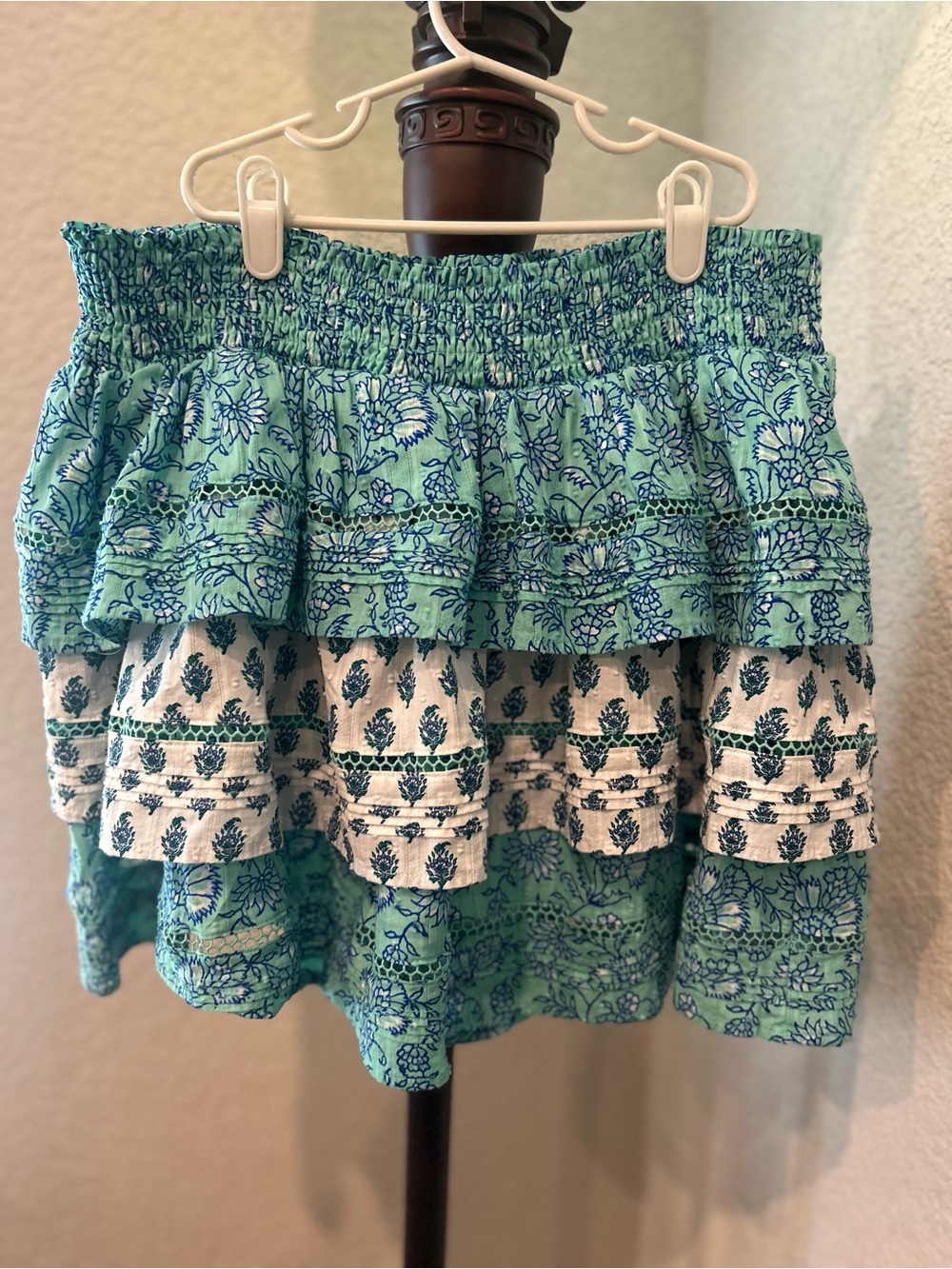 Roller Rabbit Mint Green and Blue Floral Smocked Waist Skirt